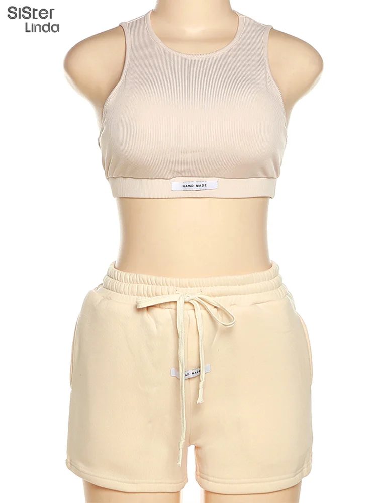 Description Picture 4 of itemSisterlinda Casual Sporty Women 2 Piece Tracksuit Set Ribbed Skinny Tank Tops Vests+Sweat Shorts Female Matching Stretch Outfits