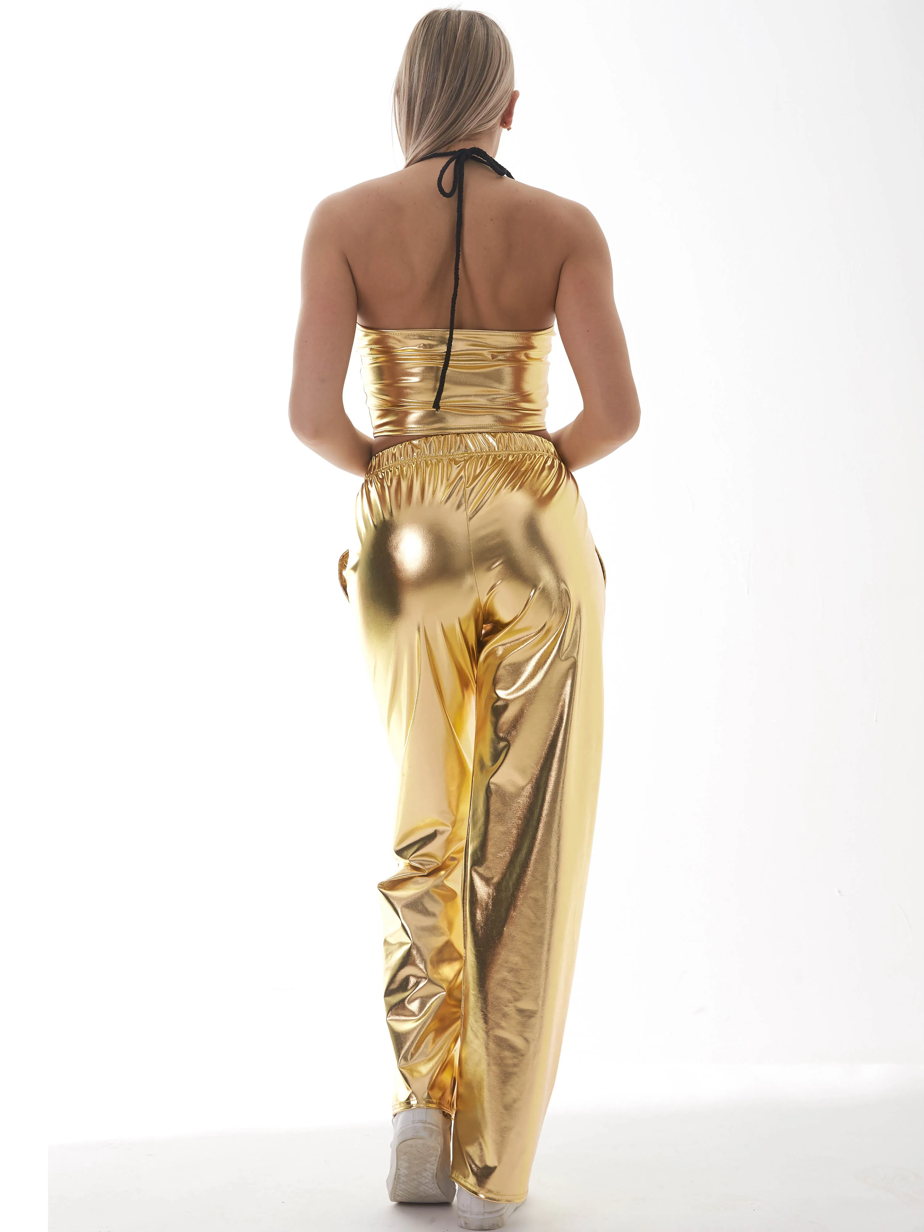 Description Picture 6 of itemWomen Shiny Hip Hop Trousers Laser Metallic Wetlook Wide Leg Pants Retro Disco Hippie Club Skinny Bell Bottoms Streetwear Adult