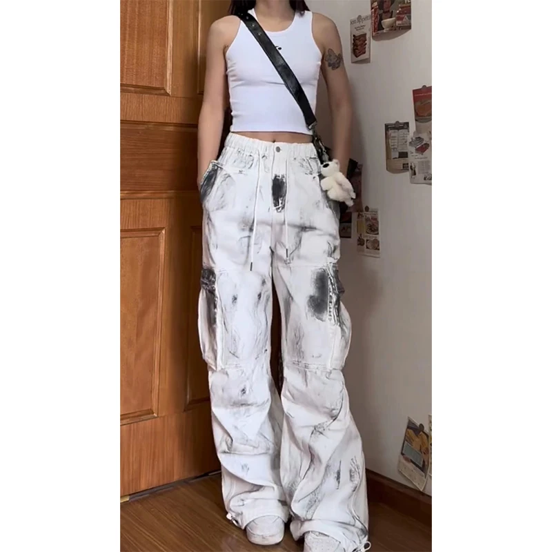 Description Picture 5 of itemWomen's White Cargo Jeans Y2k 90s Vintage High Waist Wide Leg Denim Trousers Harajuku Baggy Jean Pants 2000s Trashy Clothes 2023