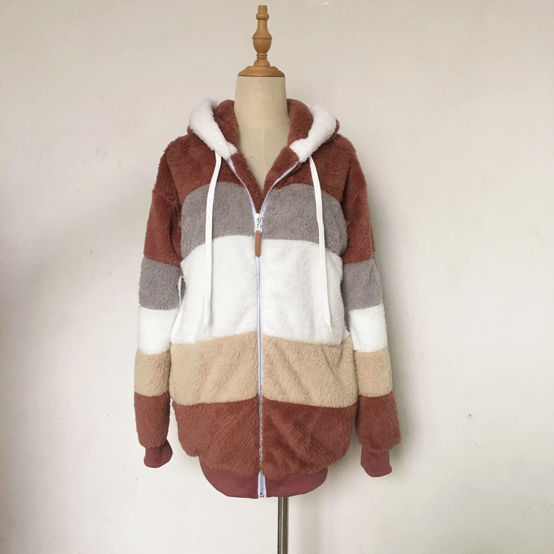 Womens Fuzzy Fleece Jacket Hooded Zipper Color Block Soft Full Casual Faux Fur Patchwork Long Sleeve Outerwear Coats with Pocket