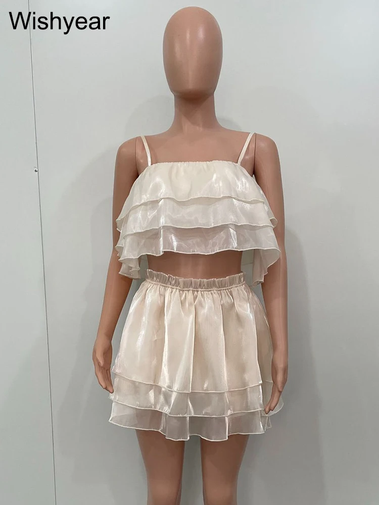 Description Picture 4 of itemWishyear Tulle Layered Crop Top Shorts Skirts Party Festival Ruffle Two Piece Summer Outfits for Women New In Matching Sets 2023