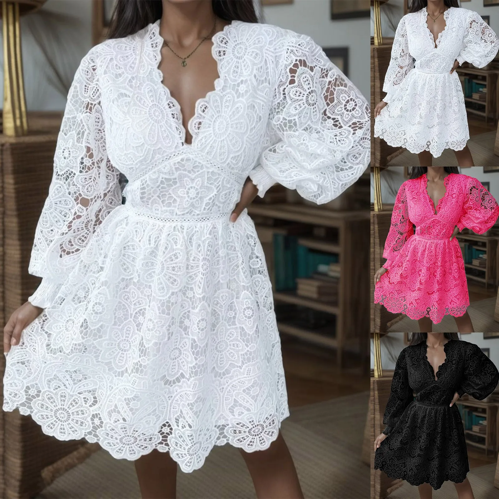 Description Picture 2 of item2023 New Arrival Women Summer Dresses Sexy Hollow Out Lace Edge Mini Dress Short Puff Sleeve Zipper Ruffled Casual Dresses