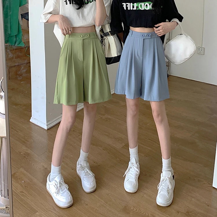 Description Picture 5 of itemS-4XL Women's Summer Shorts Elastic Waist Korean Chic Suit Pants Woman Casual Green Khaki Wide Leg Short Pants Female