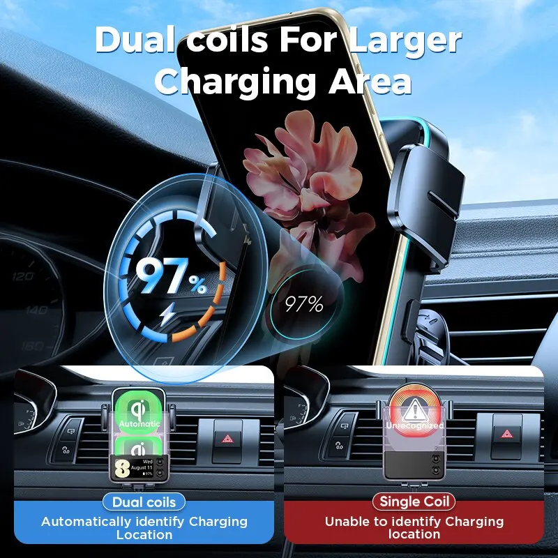 Joyroom Dual Coil Qi 15W Car Phone Holder Mount Wireless Charging Automatic Phone Holder For iPhone Foldable Samsung Galaxy