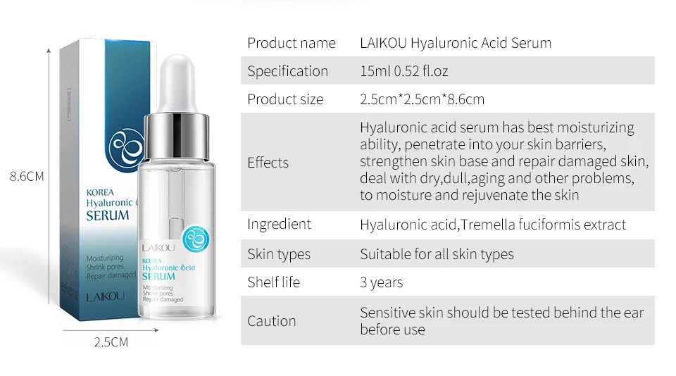 Description Picture 3 of itemKorean Pure Hyaluronic Acid Serum Moisturizing Essence Shrink Pores Face Serum Facial Hydrating Whitening Skin Care Drops 15ml