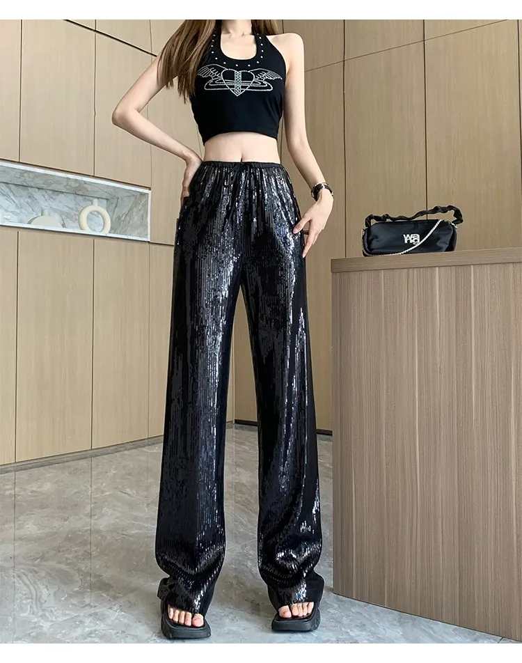 Description Picture 6 of itemCircyy Sequins Pants Women 2023 Summer New High Waisted Drawstring Full Length Shiny Pant Streetwear Black Wide Leg Y2k Trousers