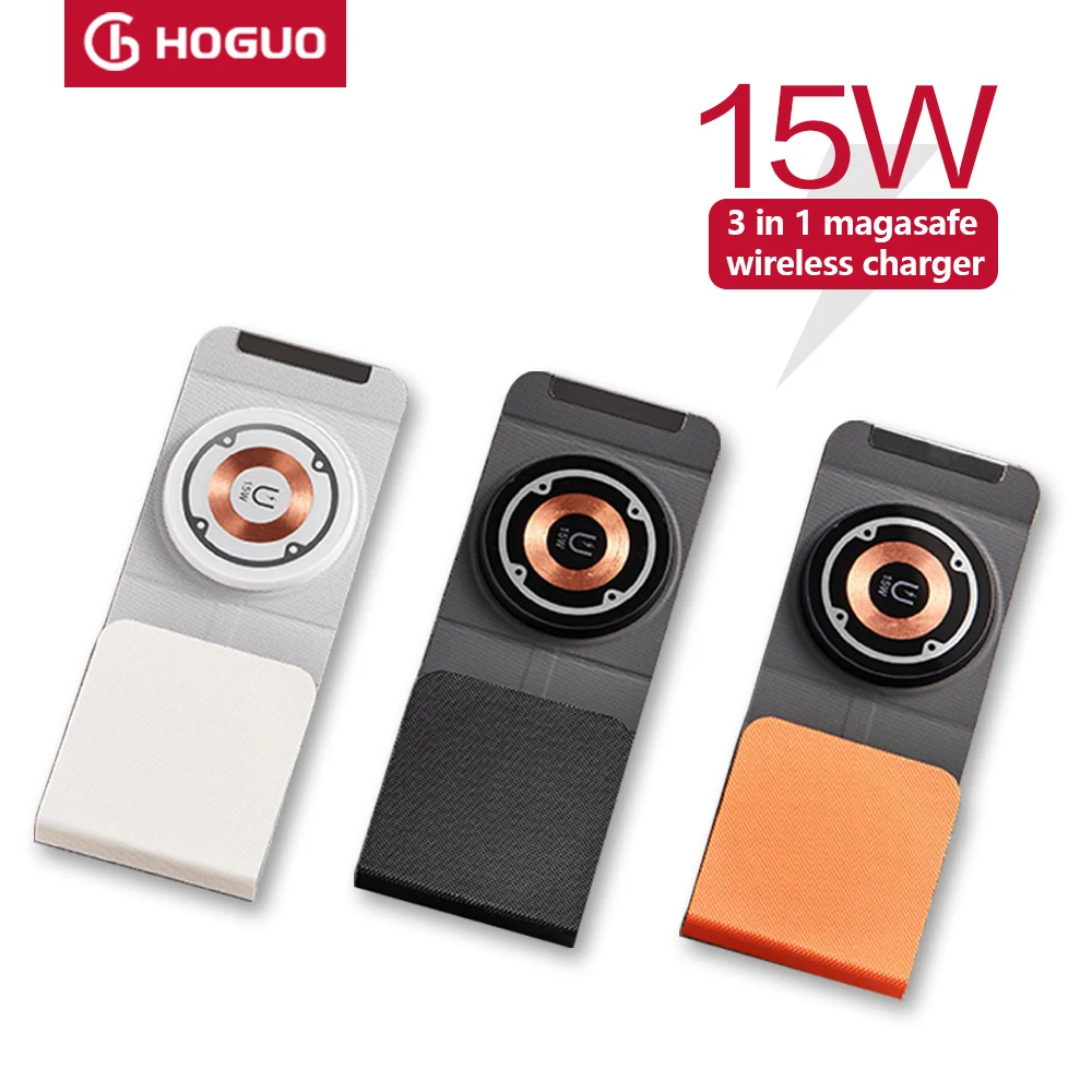 Hoguo-3 in 1 Magnetic Wireless Charger, Pad Stand, Foldable, iPhone 14, 13, 12, 11, X ,Apple Watch, AirPods, Fast Charging,15W