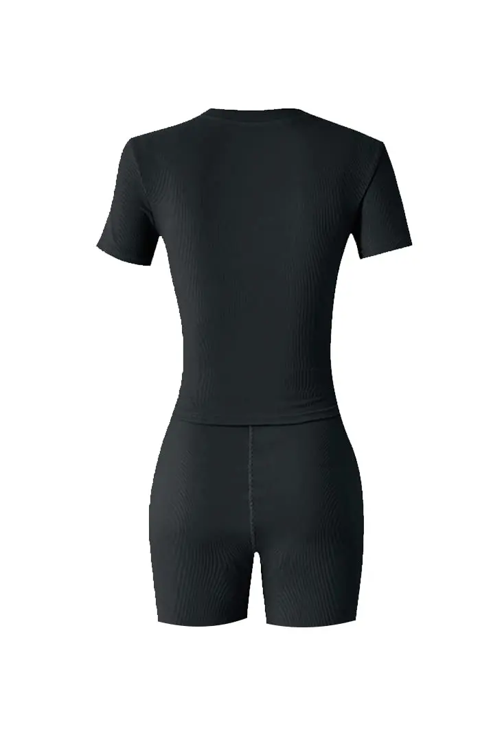 Description Picture 5 of itemLounge Wear Ribbed Casual 2 Piece Summer Shorts Set For Somen Short Sleeve Top+Elastic outfits