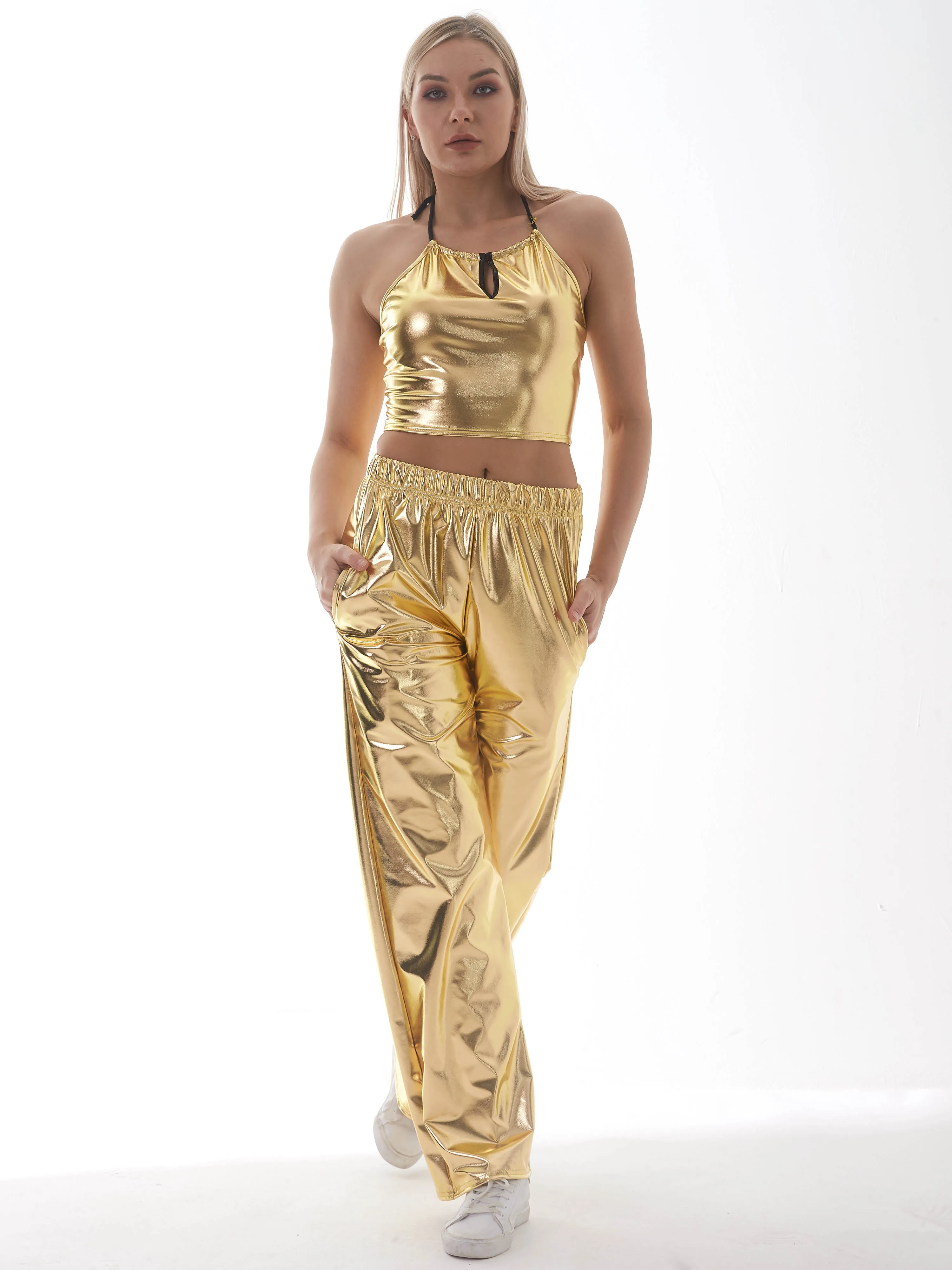 Description Picture 4 of itemWomen Shiny Hip Hop Trousers Laser Metallic Wetlook Wide Leg Pants Retro Disco Hippie Club Skinny Bell Bottoms Streetwear Adult