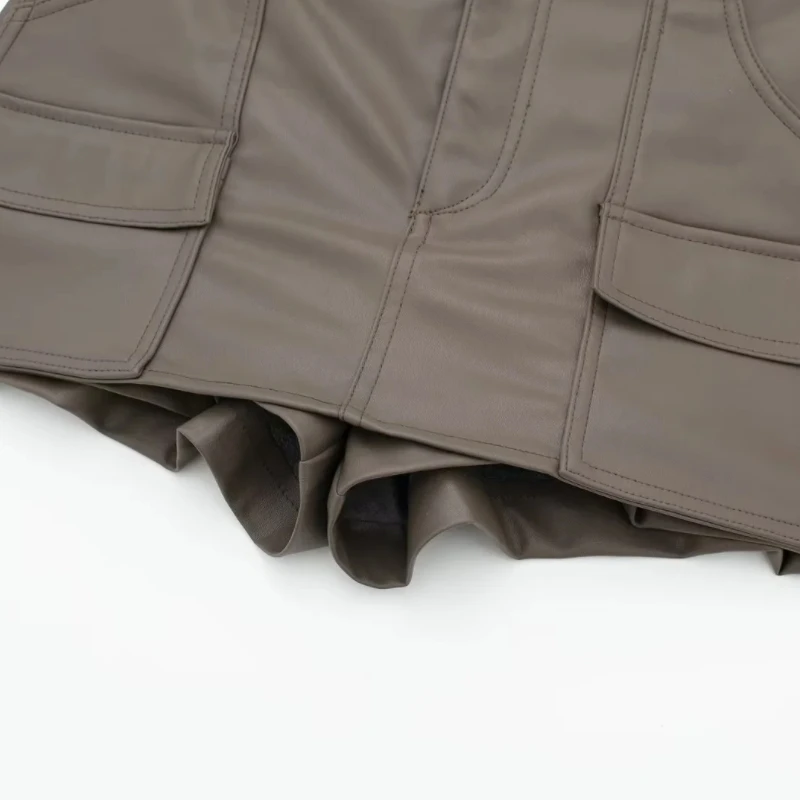 Description Picture 5 of itemAutumn New Women Faux Leather Casual Shorts Skirts Female High Waist Patch Pocket Loose Street Clothing LUJIA ALAN P5251