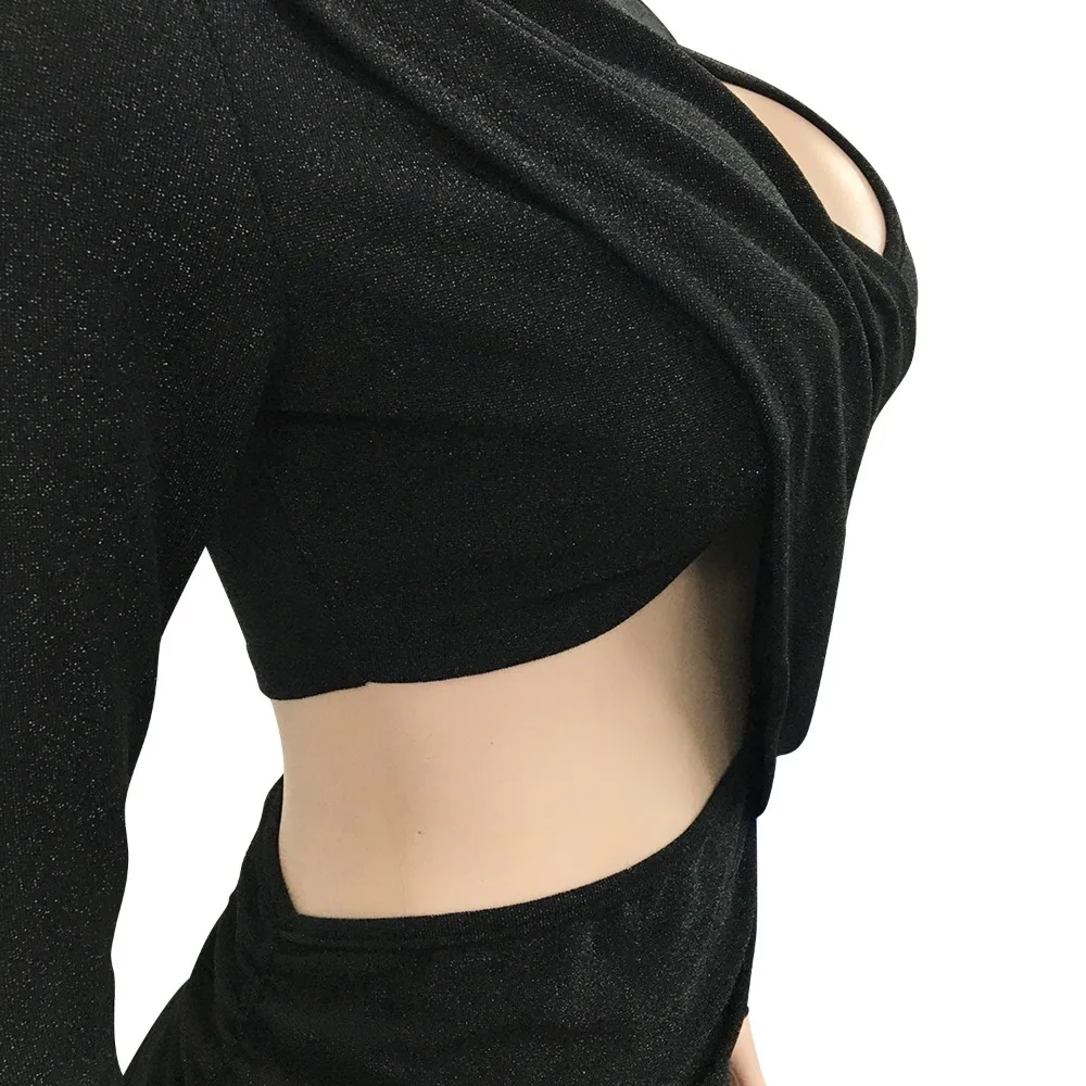 Description Picture 6 of itemHLJ Fashion Hollow Out Side Slit Bodycon Dresses Women Round Neck Long Sleeve Irregular Vestidos Female Solid Party Club Clothes