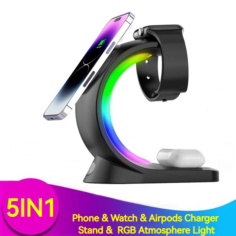 5in1 RGB Atmosphere Light 15W Magnetic Wireless Charger for Iphone XS XR 11 12 13 14 Pro Max Airpods Pro Apple Watch Stand