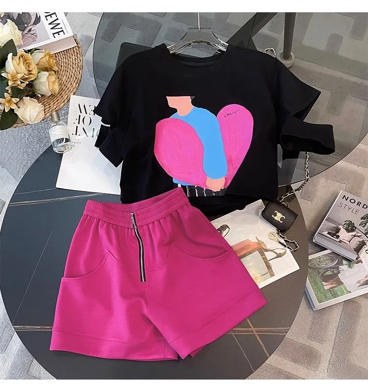 Description Picture 5 of itemSummer Outfits Short Sleeved Two Piece Set For Women 2023 Casual O-Neck Strapless T Shirt+Wide-Leg Shorts Suit Female Tracksuit