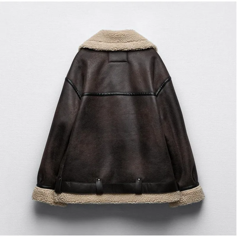 Description Picture 2 of itemFaux Lamb Fur Thick Leather Jacket For Women Warm Brown Streetwear Women's Jacket Female Zipper Moto Biker Quilted Jacket Woman