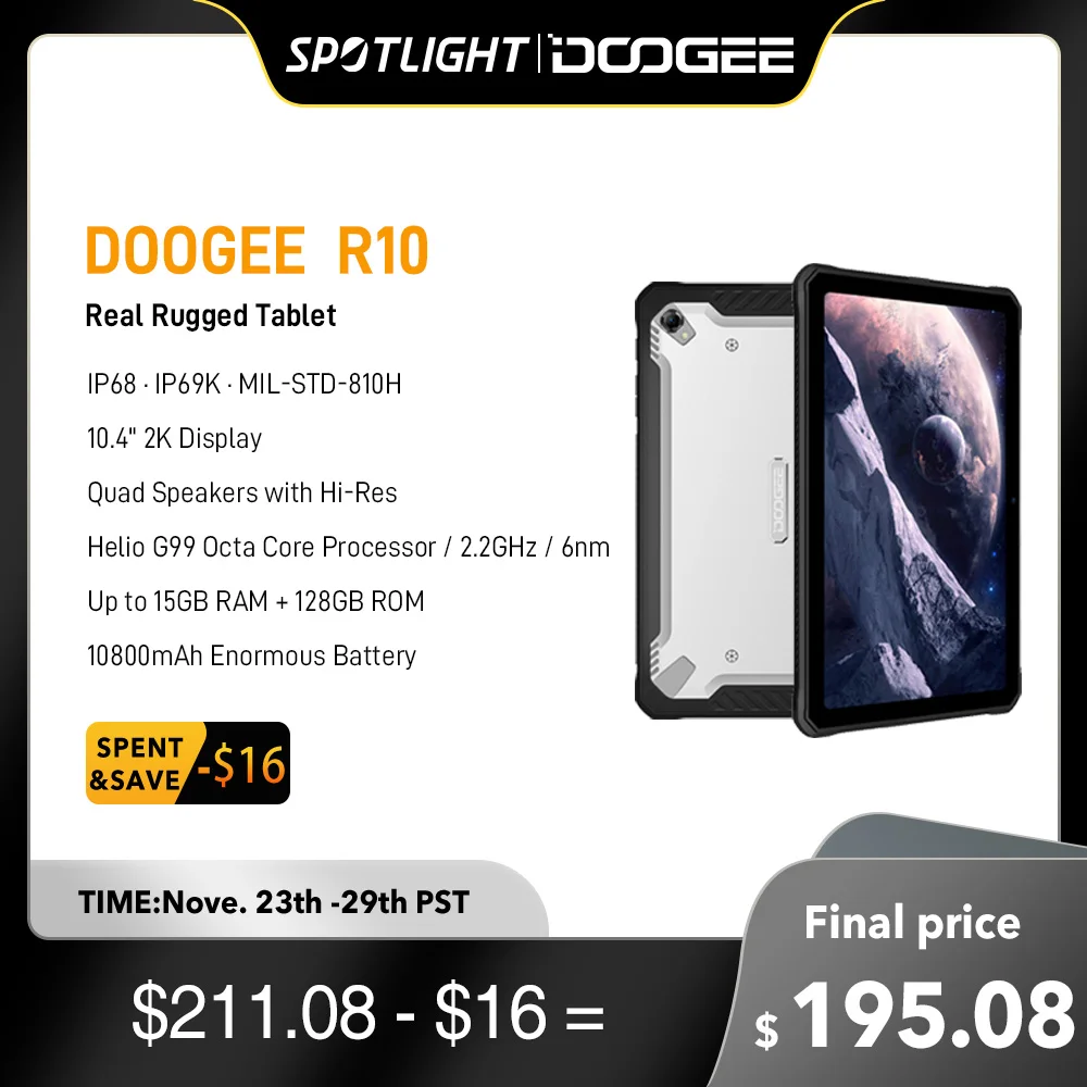 DOOGEE R10 Rugged Tablet 15GB 128GB Helio G99 Octa Core 20MP Camera Quad Speakers with Hi-Res 10800mAh