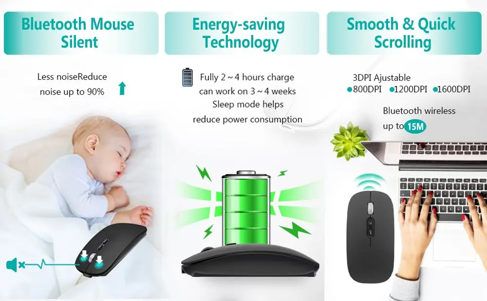 Description Picture 5 of itemWireless Mouse 2.4GHz Slim Rechargeable Silent Click Ergonomic 3 DPI Adjustable with Type C Adapter for Laptop PC Macbook