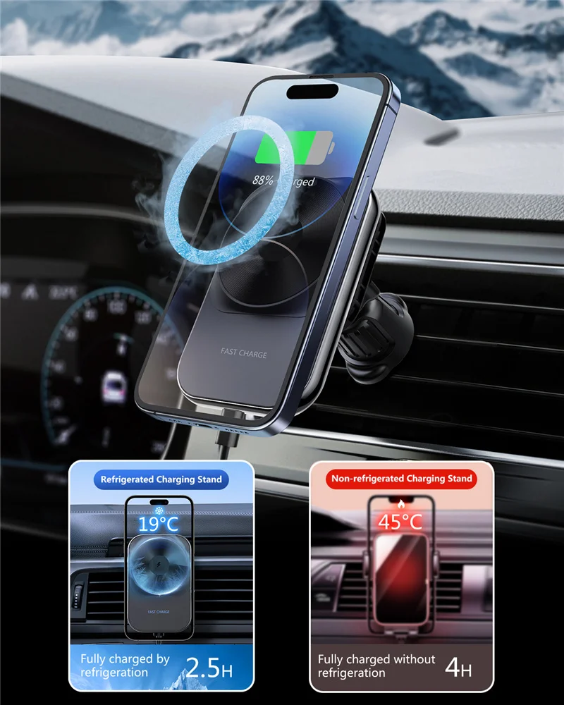 Magnetic Car Wireless Charger Car Phone Holer Mount Ice Cold 15W Fast Charging Station for Macsafe iPhone 14 13 12 Pro Max Mini