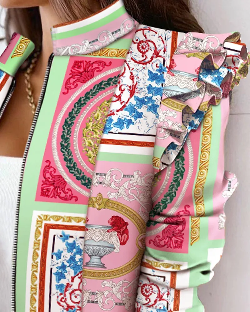 Description Picture 6 of itemCasual Plaid Jacket Women Spring Autumn Long Sleeve Ruffles Khaki Pink Zippers Woman Coats 2023 Fashion Office Lady Jackets Coat