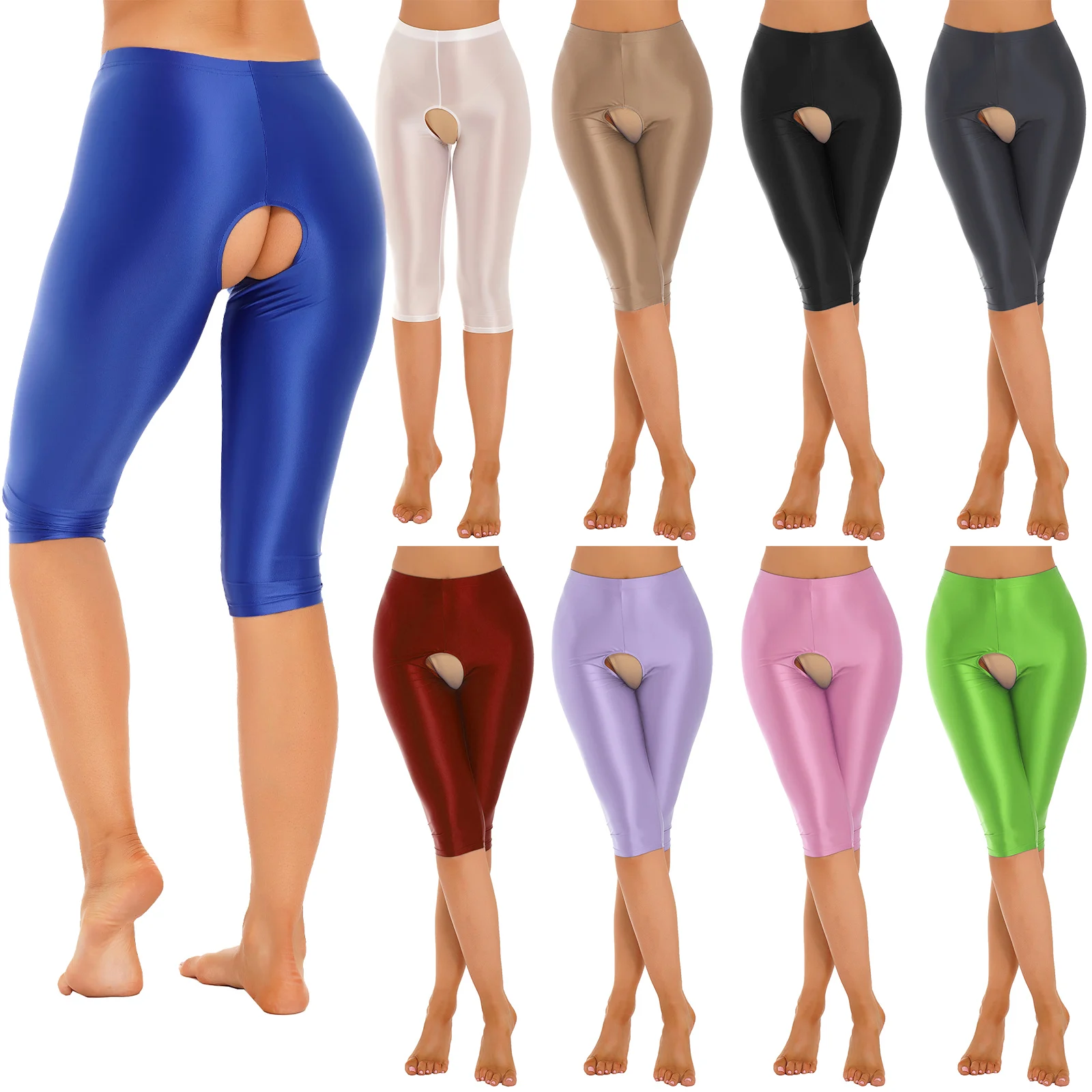Description Picture 2 of itemWomens Glossy Smooth Open Crotch Shorts Stretchy Elastic Waistband Leggings Short Pants Slim Fit Bottoms for Sport Yoga Dance