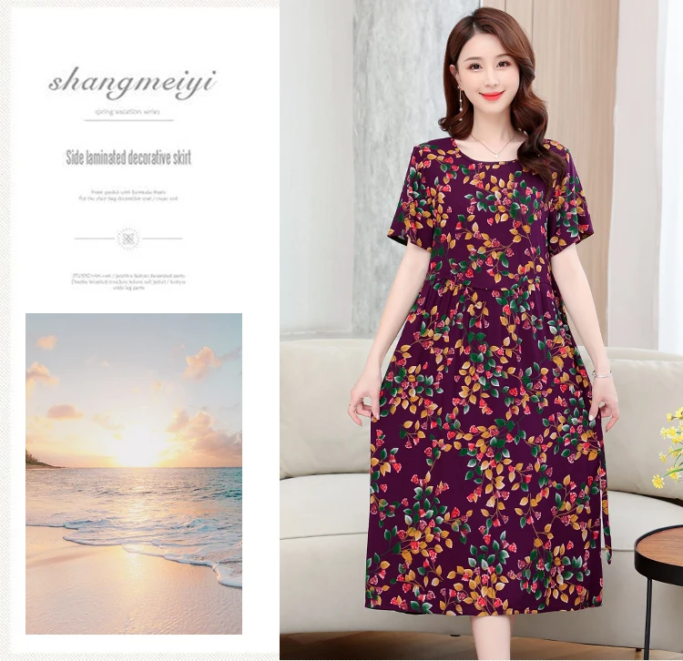 Description Picture 5 of itemNew 2023 Casual Print Fowers Summer Dresses For Women Cotton Vintage Dress O-neck Vestidos Plus Size Short Sleeve Women Clothing