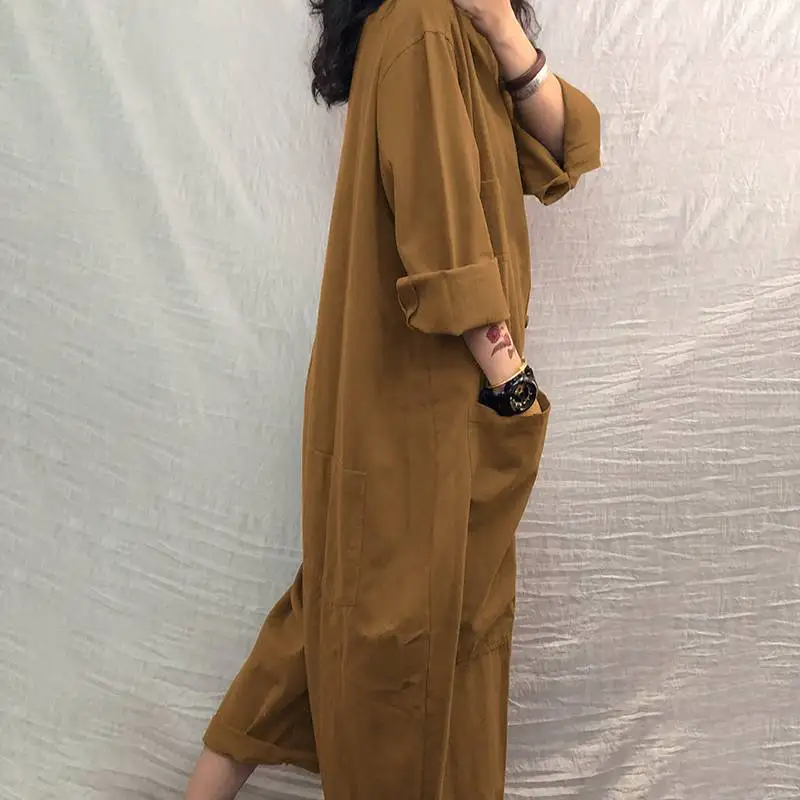 Description Picture 4 of itemWomen Jumpsuit 2023 Female Oversized Romper Autumn Loose Pockets Overalls Casual Solid Stand Collar Bottom