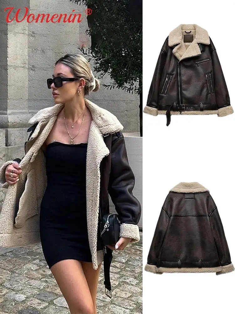Faux Lamb Fur Thick Leather Jacket For Women Warm Brown Streetwear Women's Jacket Female Zipper Moto Biker Quilted Jacket Woman