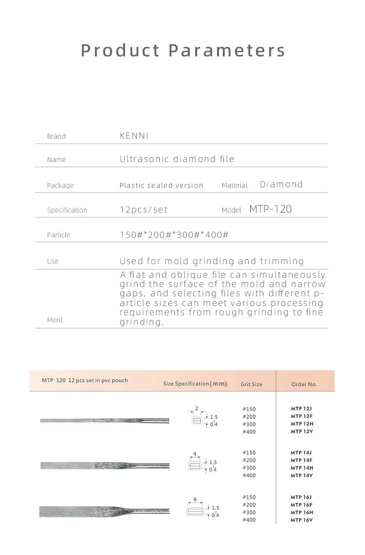 Description Picture 4 of item12pcs 150# 200# 300# 400# Ultrasonic Diamond Flat File MTP-120 For Rough Grinding Fine Polishing Mold Pneumatic Polishing Tool
