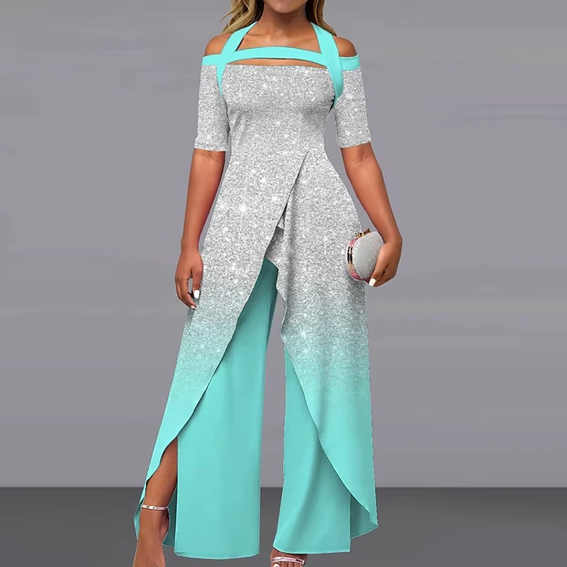 Description Picture 4 of itemFashion Sexy Off-shoulder Printed Wide-leg Pants Jumpsuit Streetwear Casual Mid Waist Hollow Out Summer Elegant Straight Rompers