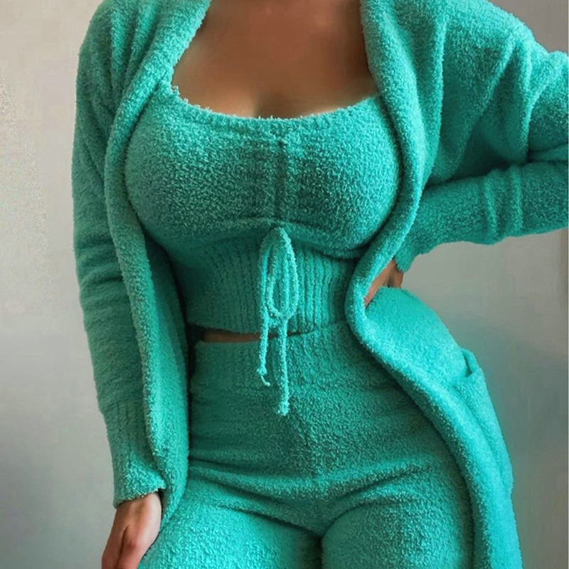 Description Picture 6 of itemNew Autumn Winter Women's Velvet Pajamas Set Crop Top+Long Pants+Coat 3 Pieces Suit Warm Soft Fleece Homewear Pyjamas S-3XL