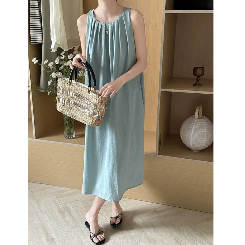 Summer New Holiday Style Hollow Out Sleeveless Hanging Neck Dress Solid Loose Backless Dresses Elegant Fashion Women Clothing