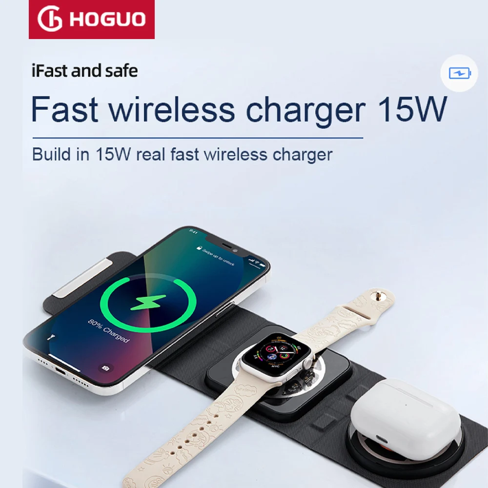 Hoguo-3 in 1 Magnetic Wireless Charger, Pad Stand, Foldable, iPhone 14, 13, 12, 11, X ,Apple Watch, AirPods, Fast Charging,15W