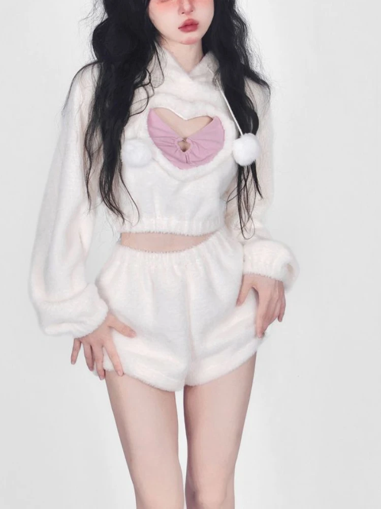 Description Picture 2 of item2023 Autumn White Kawaii Clothing Women Outwear Fashion 2 Piece Pants Set Y2K Hooded Blouse + Japanese Style Cute Short Pants