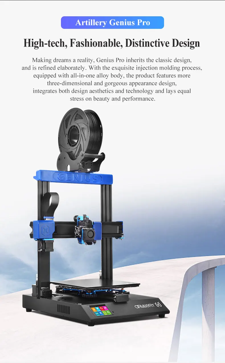 Artillery® Genius Pro 3d Printer Self-leveling 8.66*8.66*9.84 Inch Build Volume 0.1-0.35mm Resolution Ultra-quiet Stepper Motor