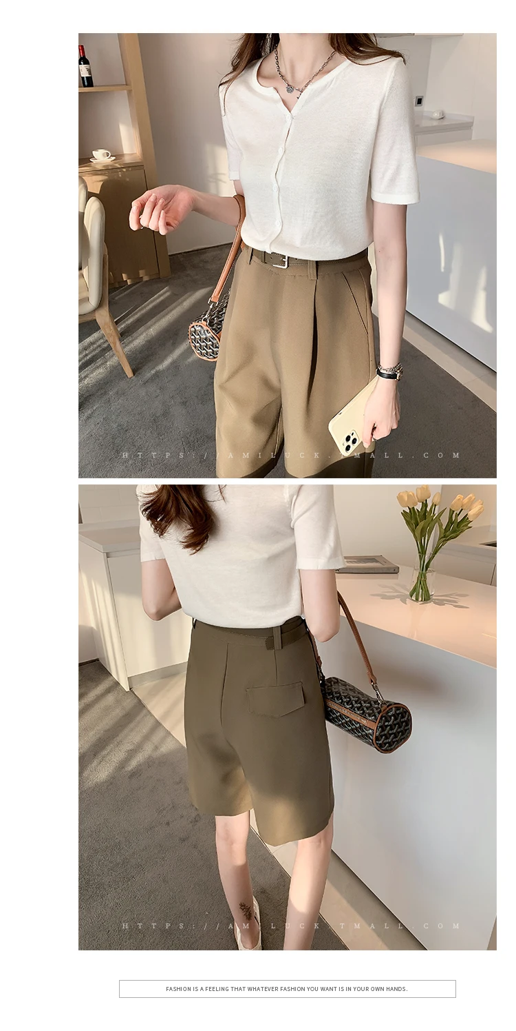 Description Picture 5 of itemWomen's Shorts High Waist 2023 Summer Wide Leg Shorts Pant Knee Length Fashion Khaki Black Casual Suit Shorts for Women