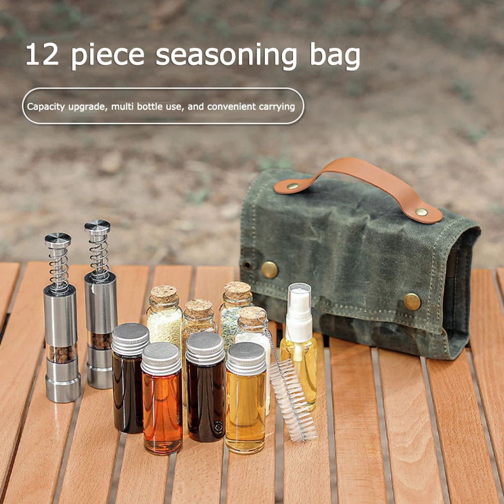 Description Picture 4 of item12-1pcs Camping Seasoning Bottle Set with Grinder Portable BBQ Spice Bottle Condiment Jar Holder Storage Bag Camping Supplies