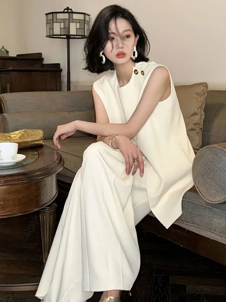 Description Picture 5 of itemWomen Two Piece Set Summer Fashion Solid Tank Top Sleeveless Long Loose Wide Legs Pants Elegant Suits High Streetwear