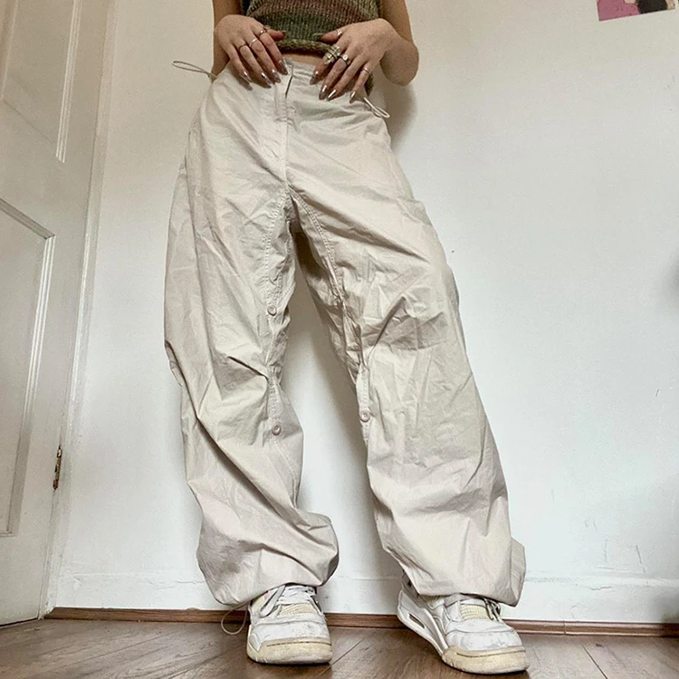 Description Picture 3 of itemWomen Y2K Cargo Pants Casual Joggers Oversized Solid Sweatpants Drawstring Wide Leg Baggy Trousers Loose Streetwear Tech Pant