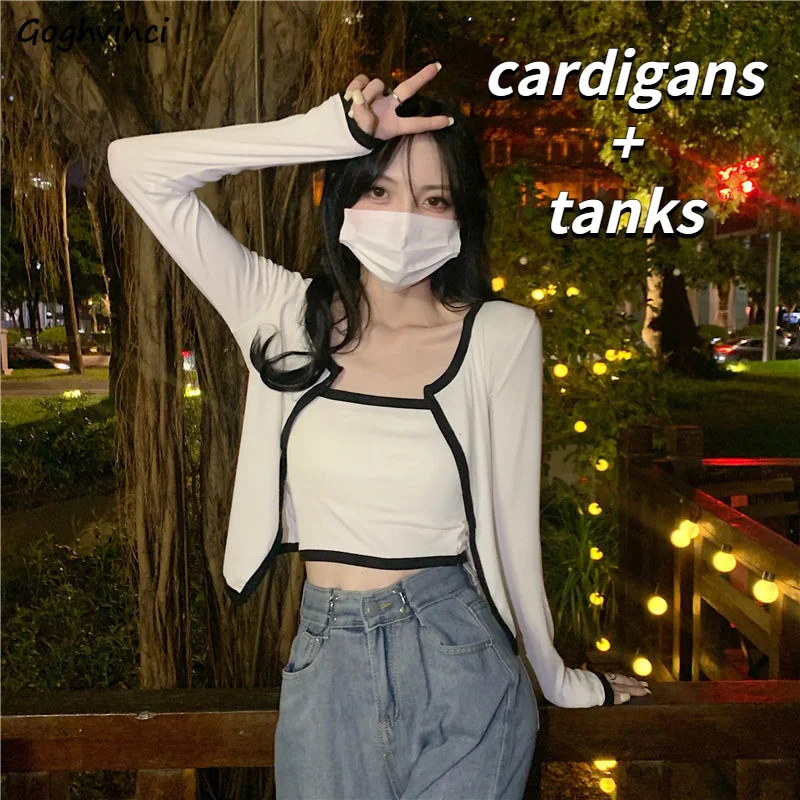 Sets Women 2 Pieces Long Sleeve Cardigans Cropped Tanks Patchwork Sexy Sweet All-match Party Cozy New Ulzzang Outfits Mujer Ins