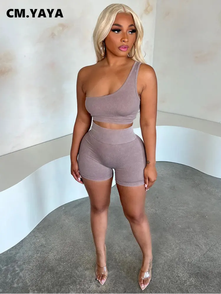 CM.YAYA Fashion Yoga Women Two 2 Piece Set Outfit Sleeveless One Shoulder Crop Top and Legging Shorts Suit 2023 Summer Tracksuit