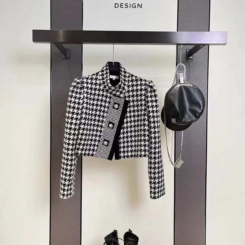 Description Picture 2 of itemLuxury Brand Houndstooth Vintage Tweed Jacket Coat New Autumn Winter Fashion High Street Small Fragrance Woolen Short Outerwear