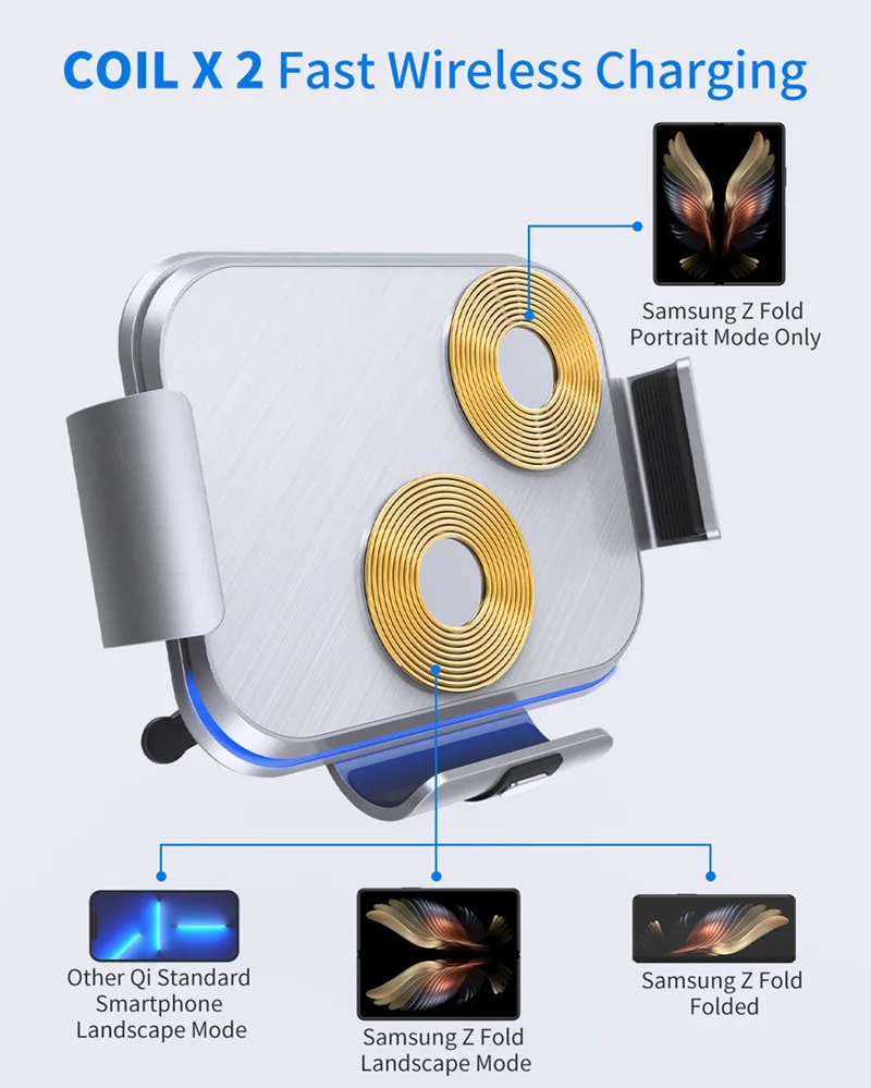 Description Picture 6 of item15W Car Wireless Charger Stand Holder Dual Coil Foldable Phone Car Fast Charging Station For Samsung Galaxy Z Fold 4 3 2 iPhone