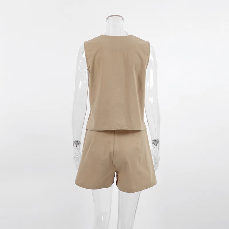Description Picture 6 of item2023 Spring Summer Women Solid Khaki Office Shorts Set Outfits V-neck 2 Two Piece Matching Sets For Women