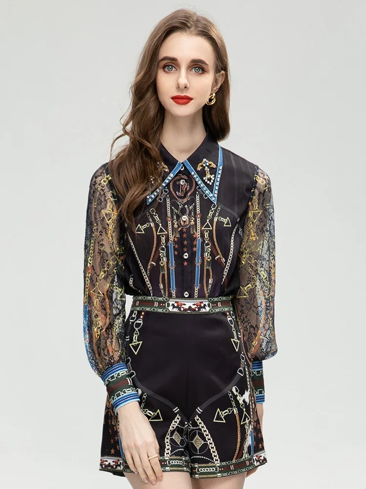 Description Picture 3 of itemMARYYIMEI Fashion Designer Summer Women's Turn-down Collar Lace Long Sleeve Printing Single Breasted Two Pieces Set