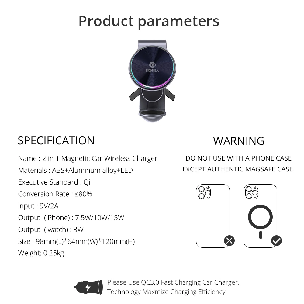 Description Picture 4 of itemBonola Metal Magnetic Car Wireless Charger 2 in 1 Mount for iPhone 14/13/12 Wireless Car Charging with LED Light for Apple Watch