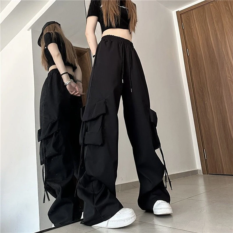 Description Picture 5 of itemZoki Harajuku Women Cargo Pants Streetwear Y2K Hip Hop Black Trousers Fashion High Waist Lace Up Female Loose Design Pants New