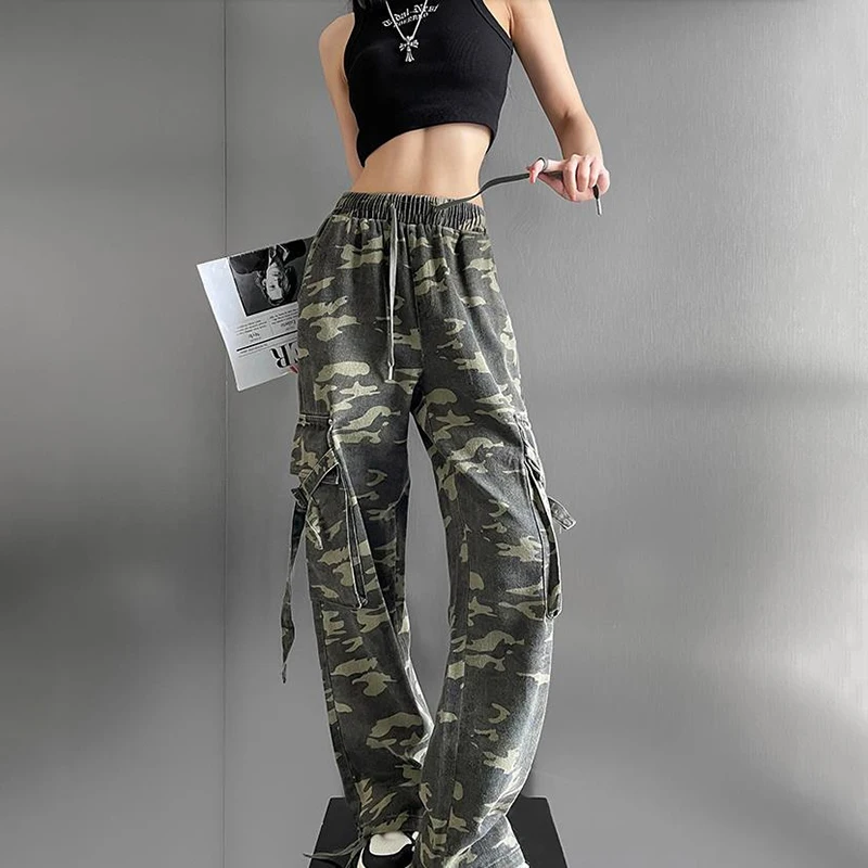 Description Picture 6 of itemWomen Casual Camouflage Cargo Pants Y2k Mid Waist Wide Leg Pockets Trousers Baggy Streetwear Hiphop Pant