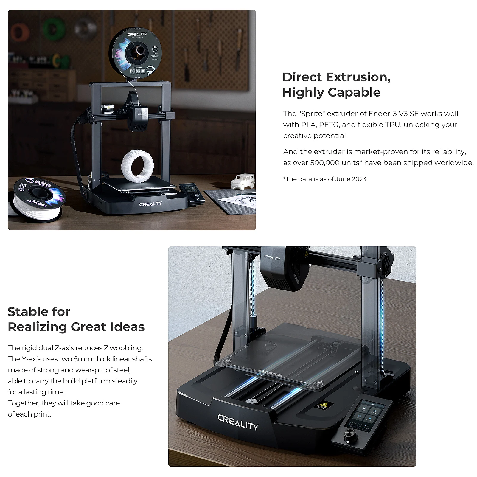 Creality Ender-3 V3 SE 3D Printer Sprite Direct Extrusion 250mm/S Faster Printing Speed Dual Z-Axis IU Display CR Touch