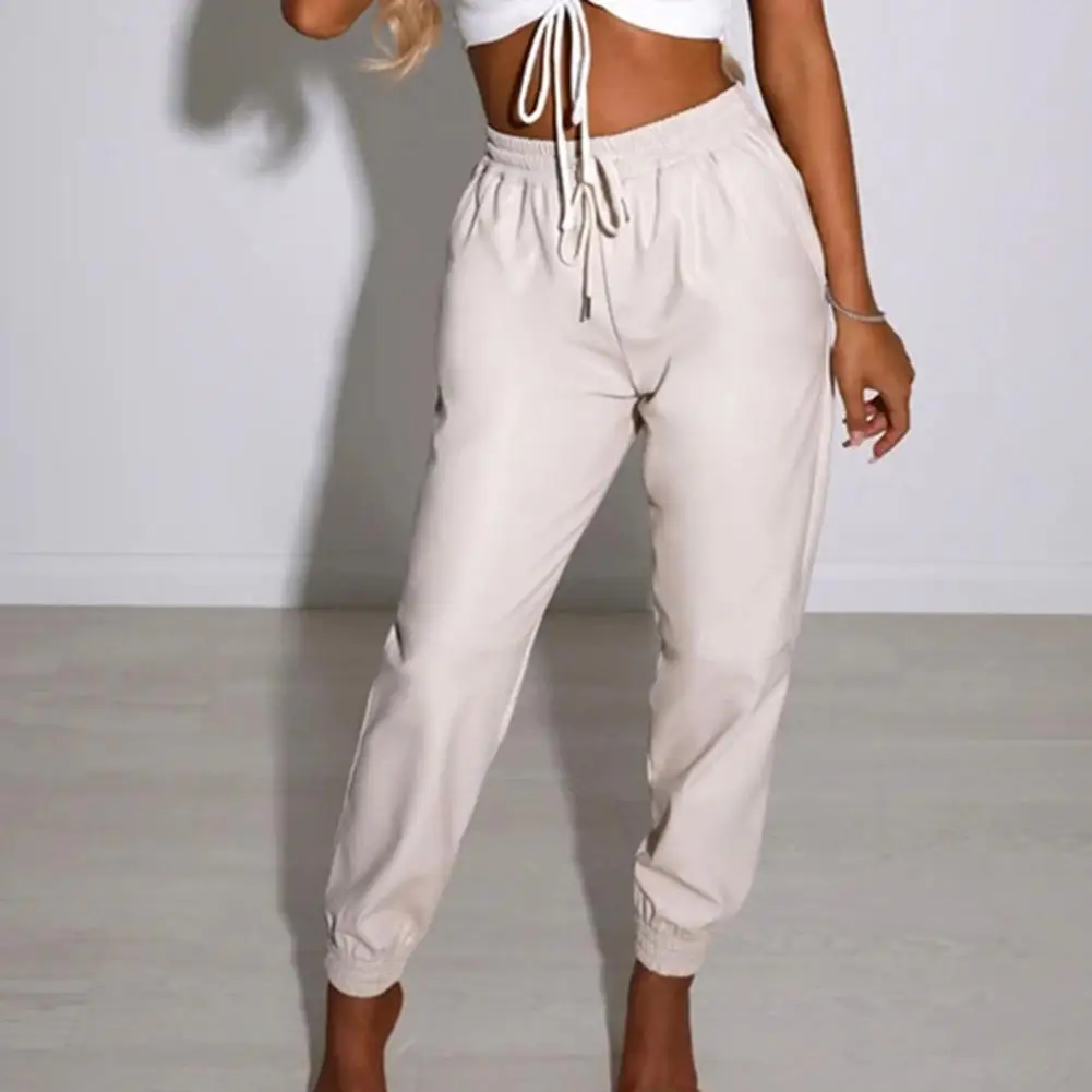 High Waist Drawstring Slant Pockets Faux Leather Harem Pants Woman Loose Fit Elastic Waist Simple Casual Trousers Streetwear