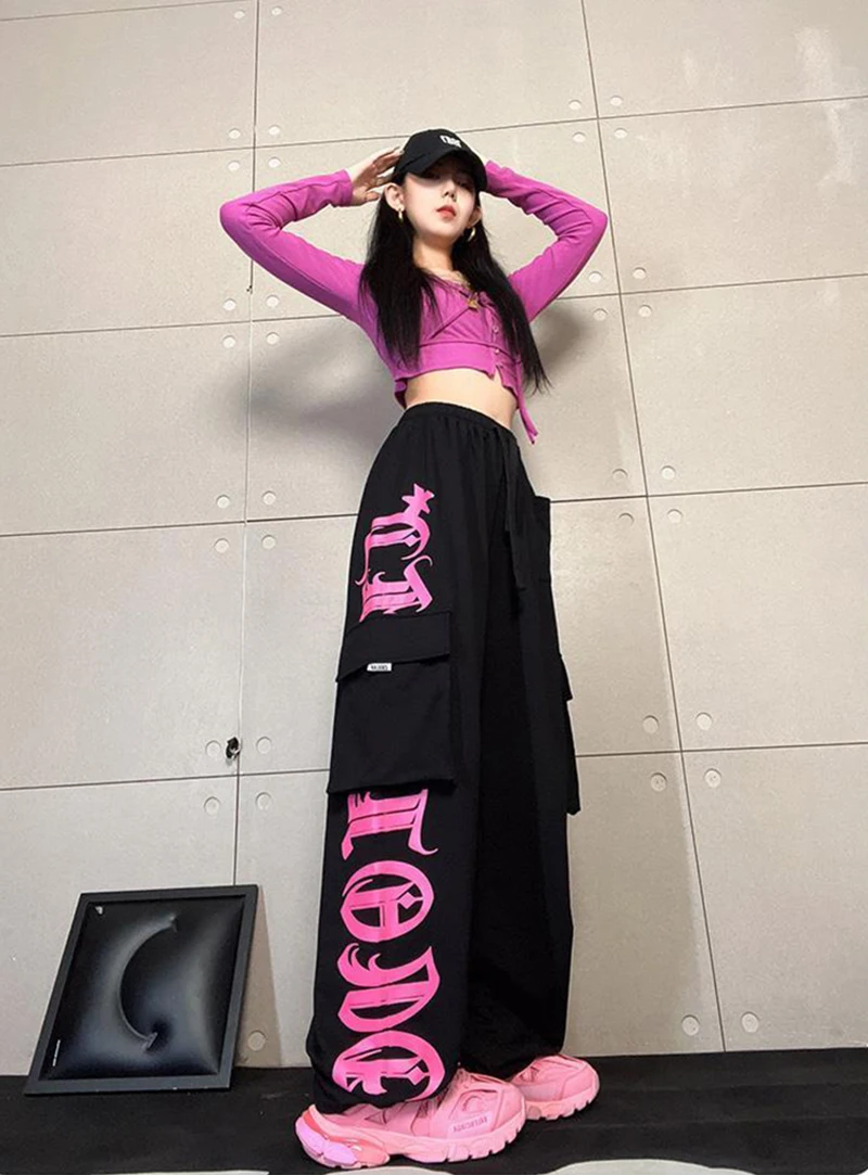 Description Picture 3 of itemY2K Cargo Pants Women Streetwear Printed Wide Leg Joggers Sweatpants Harajuku Hip Hop Multi-Pocket Loose Casual Sports Trousers