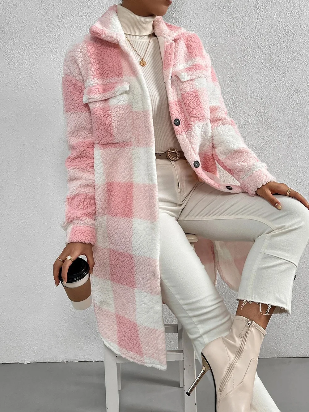 Description Picture 6 of item2023 Women's Thick Warm Jackets Coats Autumn Winter Elegant Open Button Lapel Plush Plaid Loose Temperament Commuter Long Coat